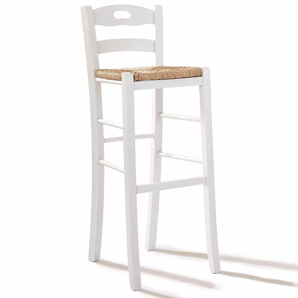 Sgabello alto da bar in legno bianco manico con seduta in paglia h 80 cm .