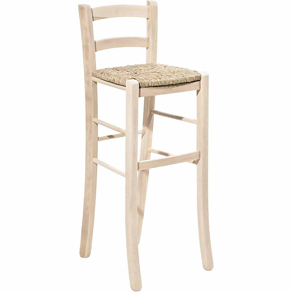 Sgabello legno grezzo da verniciare seduta in paglia alto 80 cm con schienale.