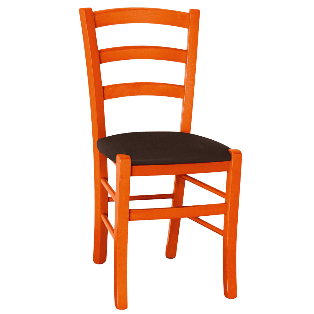 Sedia legno venezia arancione con seduta similpelle marrone.