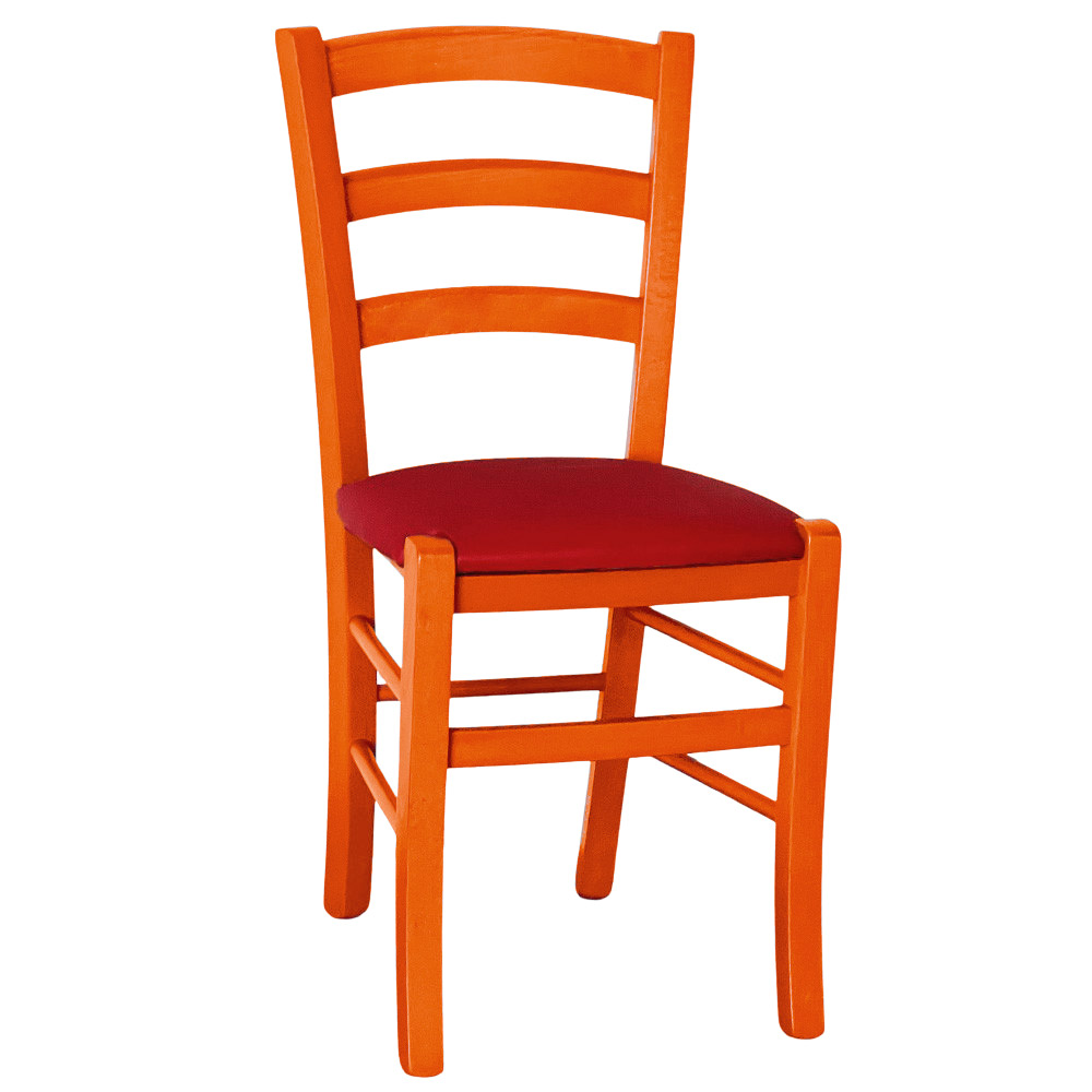 Sedia legno venezia arancione con seduta similpelle rosso.