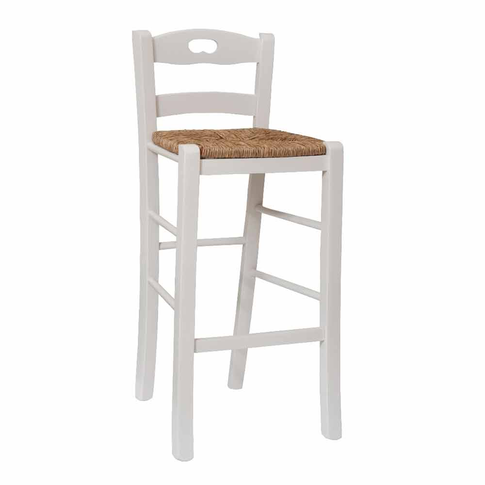 Sgabello snack bianco con schienale altezza 67 cm con manico seduta in paglia.
