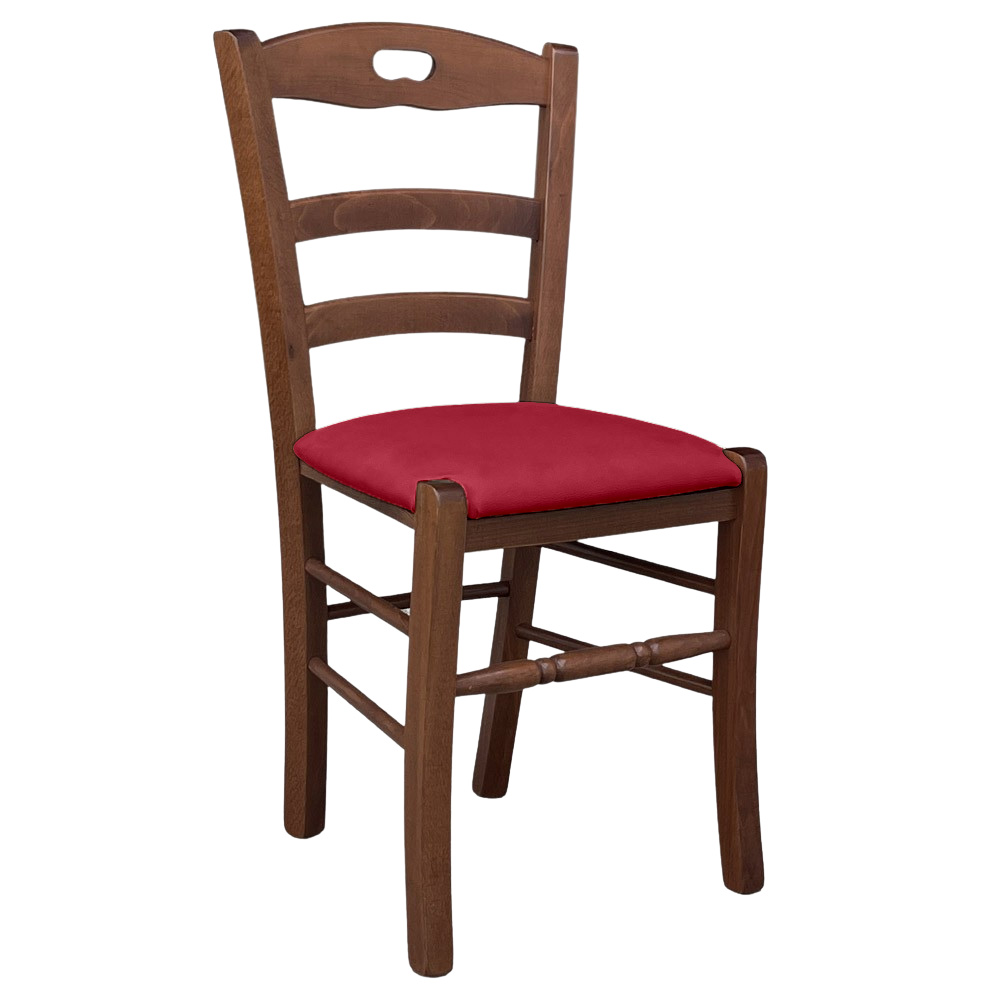 Sedia legno loris noce scuro con seduta imbottita ecopelle rosso.