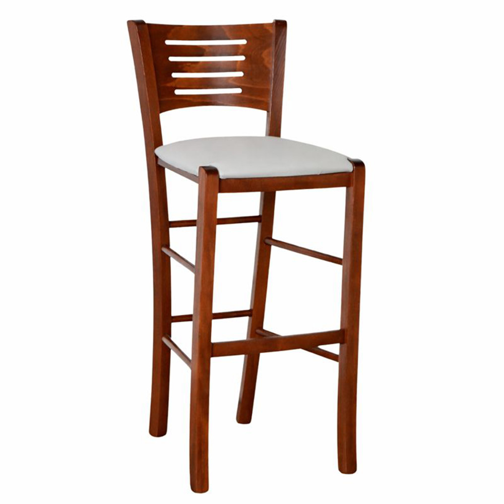 Sgabello verona in legno noce scuro h 73 con seduta imbottita grigio chiaro.