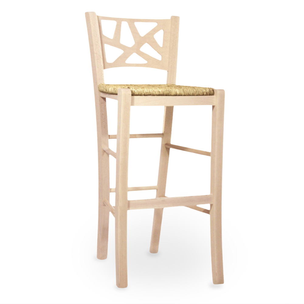 Sgabello bar sissy in legno grezzo da verniciare h 73 con seduta in paglia.
