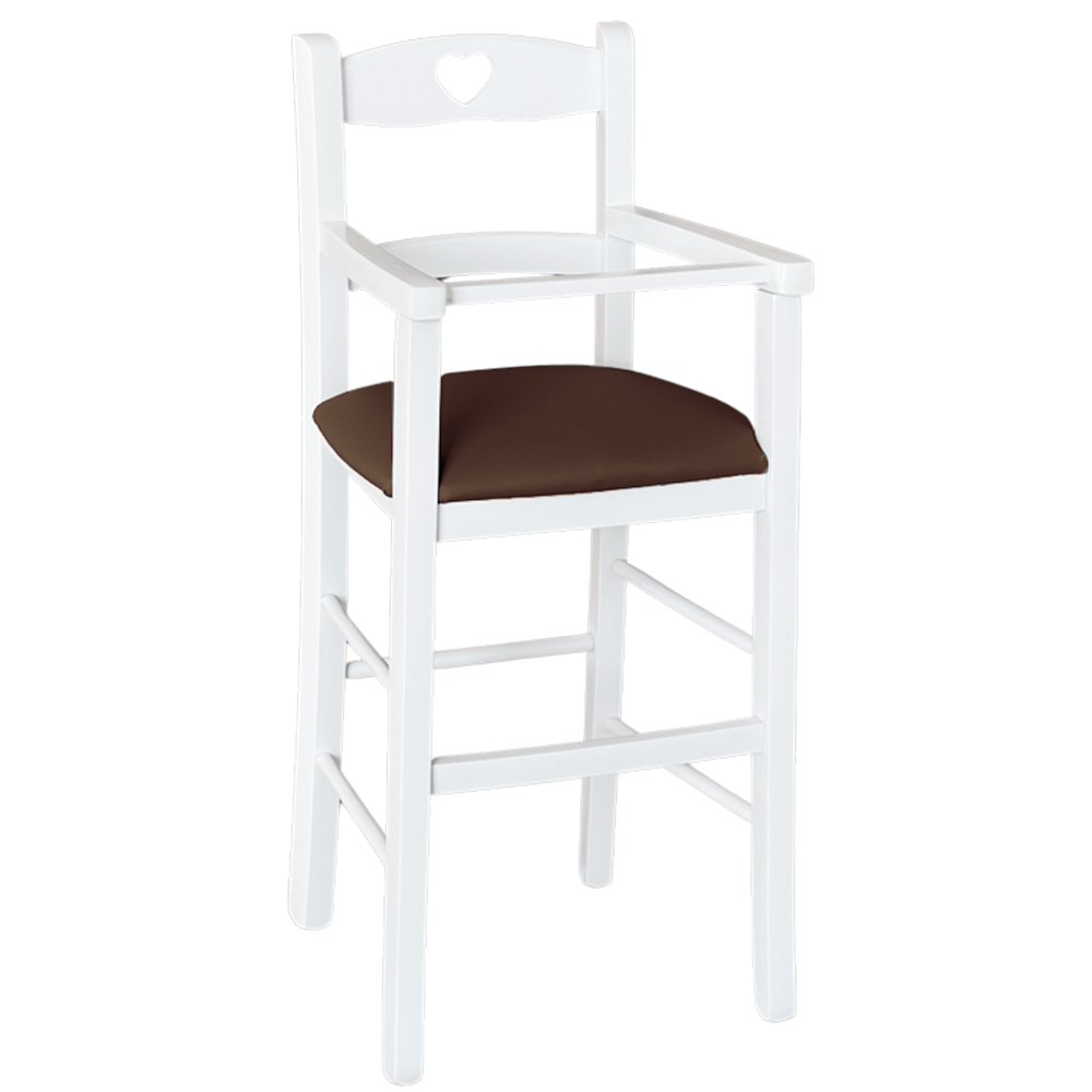 Seggiolone in legno bianco con seduta ecopelle marrone.