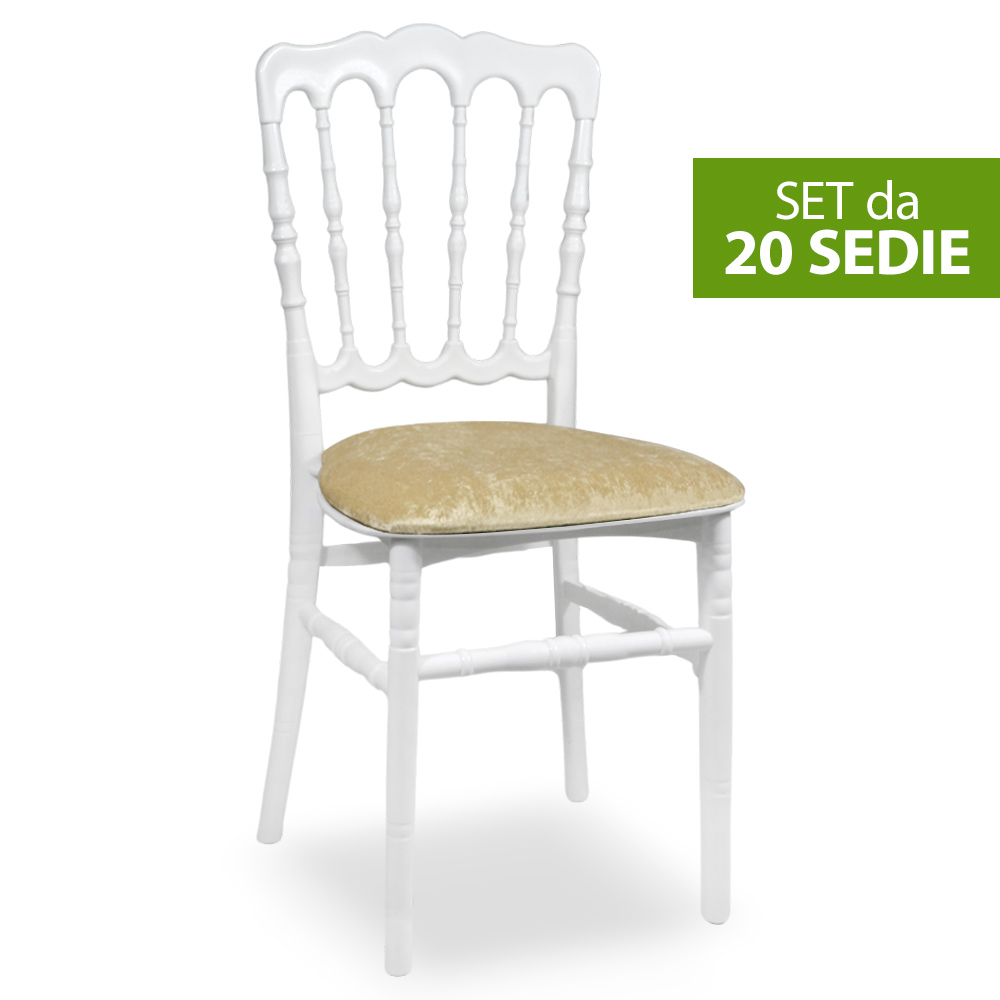 Set da 20 sedie napoleon in plastica bianche con cuscino vellutino.