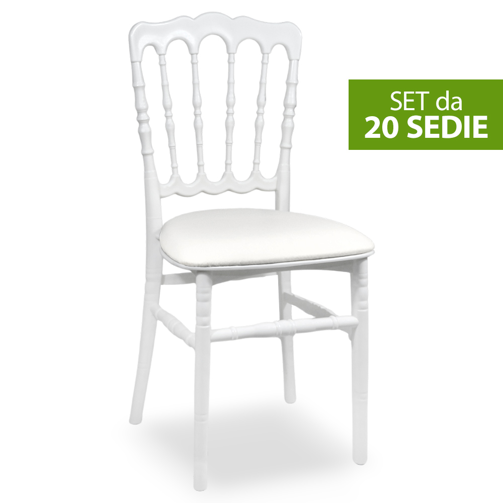 Set da 20 sedie napoleon in plastica bianche con cuscino similpelle bianco.