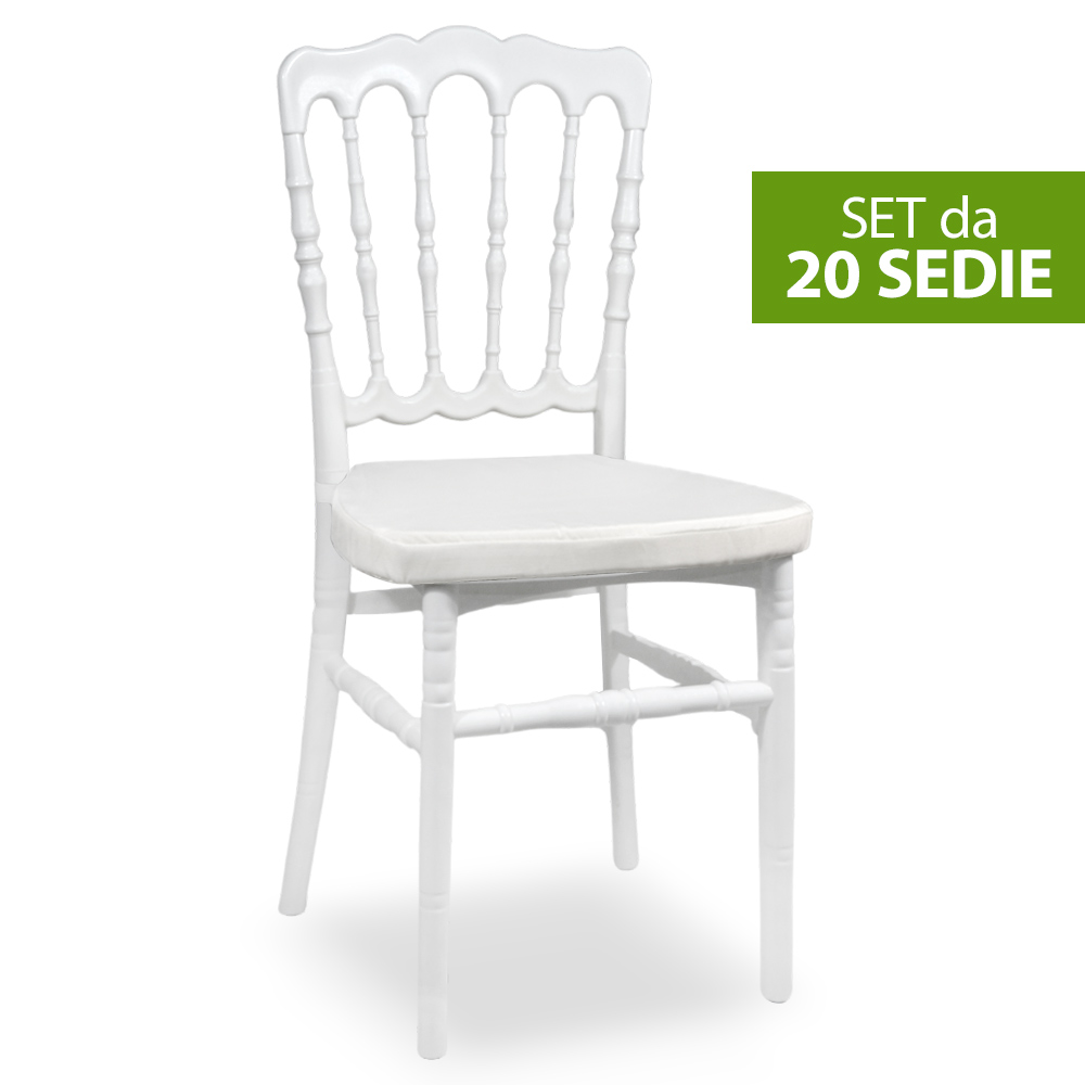 Set da 20 sedie napoleon in plastica bianche con cuscino coordinato antiscivolo.