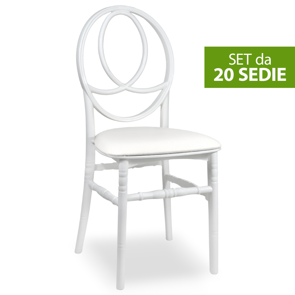 Set da 20 sedie new phoenix in plastica bianche con cuscino similpelle bianco.