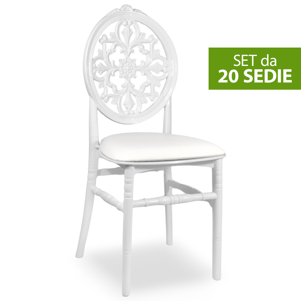 Set da 20 sedie venus in plastica bianche con cuscino similpelle bianco.