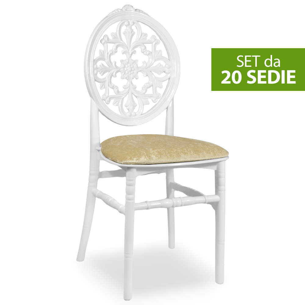 Set da 20 sedie venus in plastica bianche con cuscino vellutino.