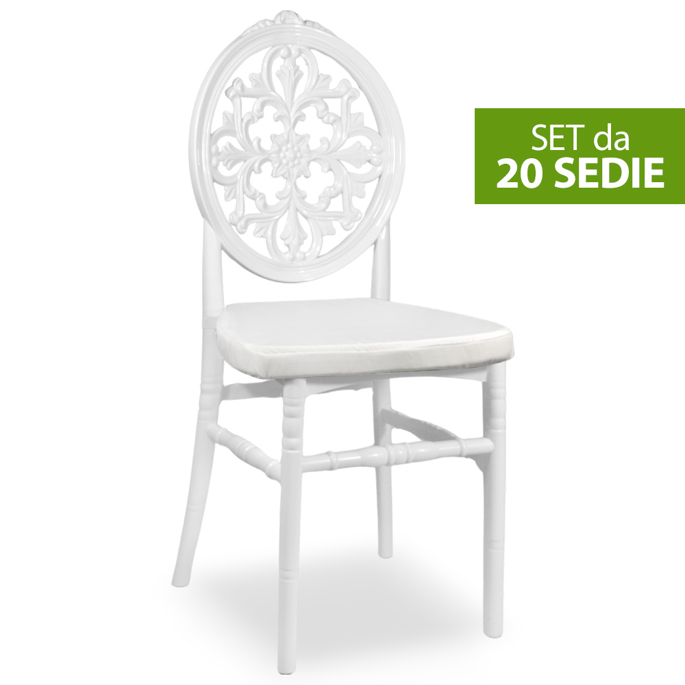 Set da 20 sedie venus in plastica bianche con cuscino coordinato antiscivolo.