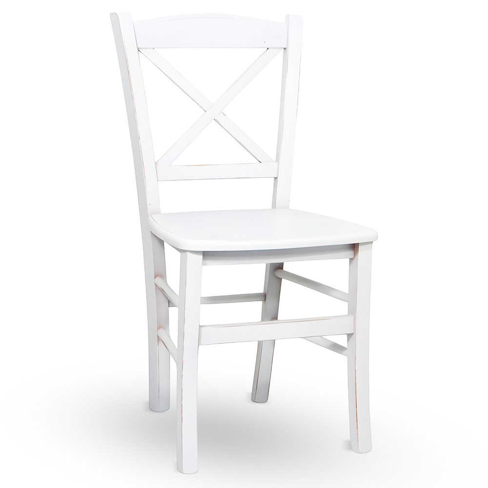 Sedia da pranzo venezia croce in legno bianco anticato con finitura ciliegio.
