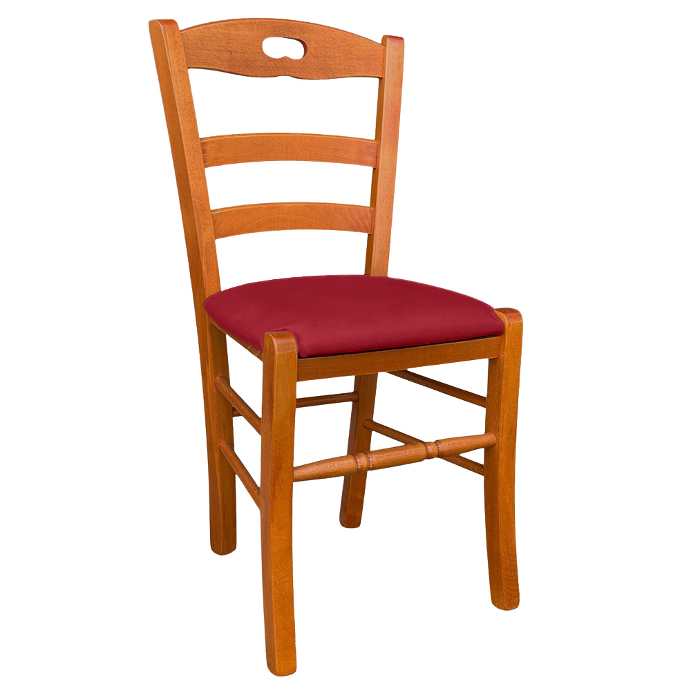 Sedia legno loris ciliegio con seduta imbottita ecopelle rosso.