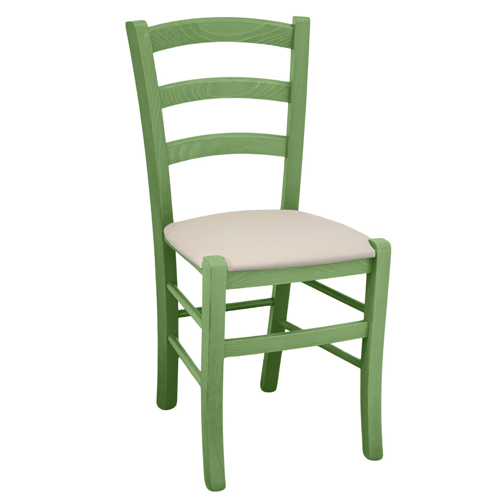 Sedia legno venezia verde con seduta in similpelle beige.