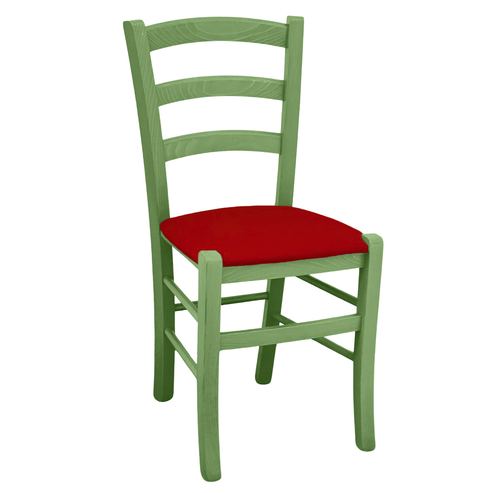 Sedia legno venezia verde con seduta in similpelle rosso.