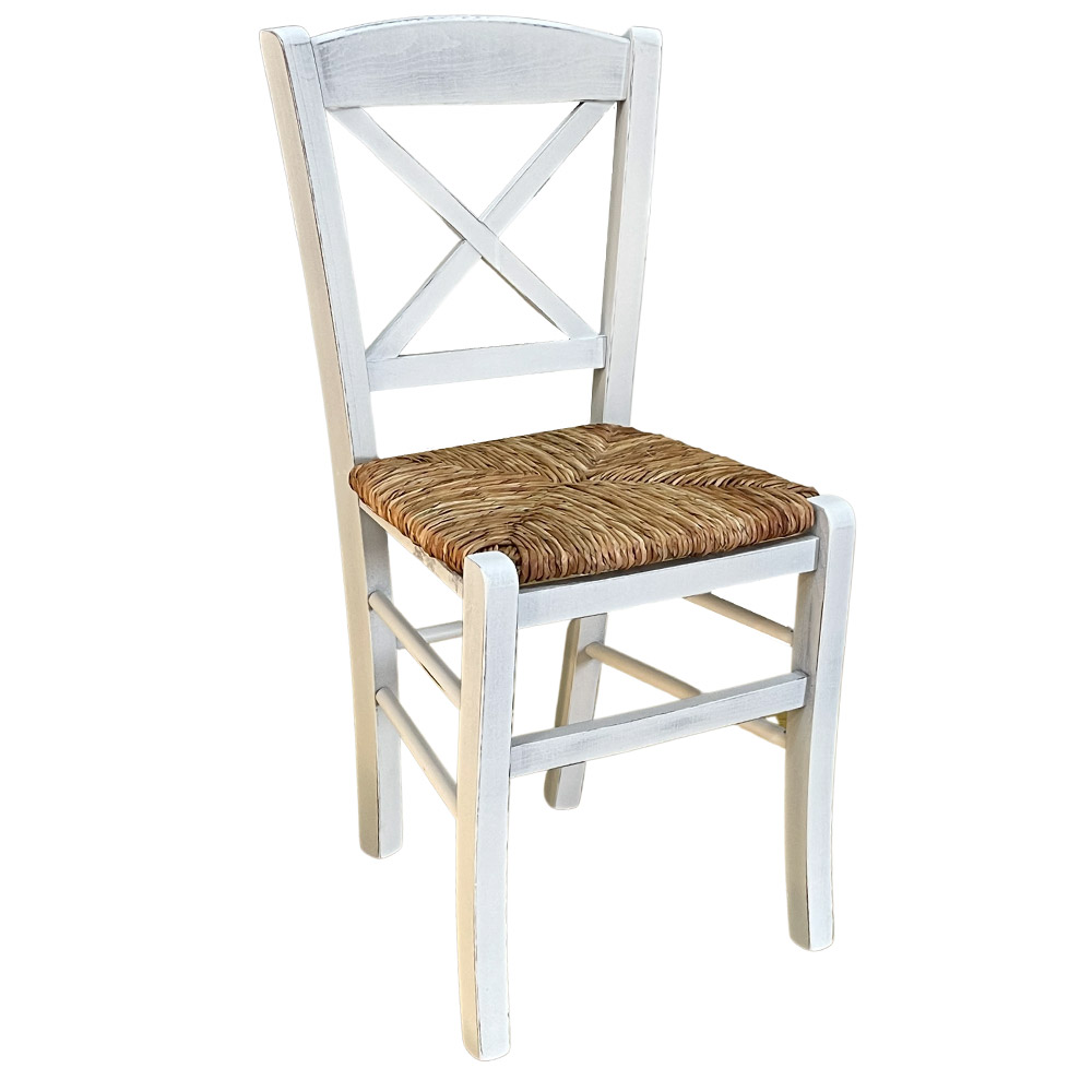 Sedia in legno venezia croce anticata bianca con seduta in paglia di riso.