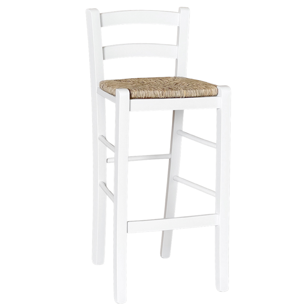 Sgabello da bar in legno bianco con seduta in paglia h 67 cm .