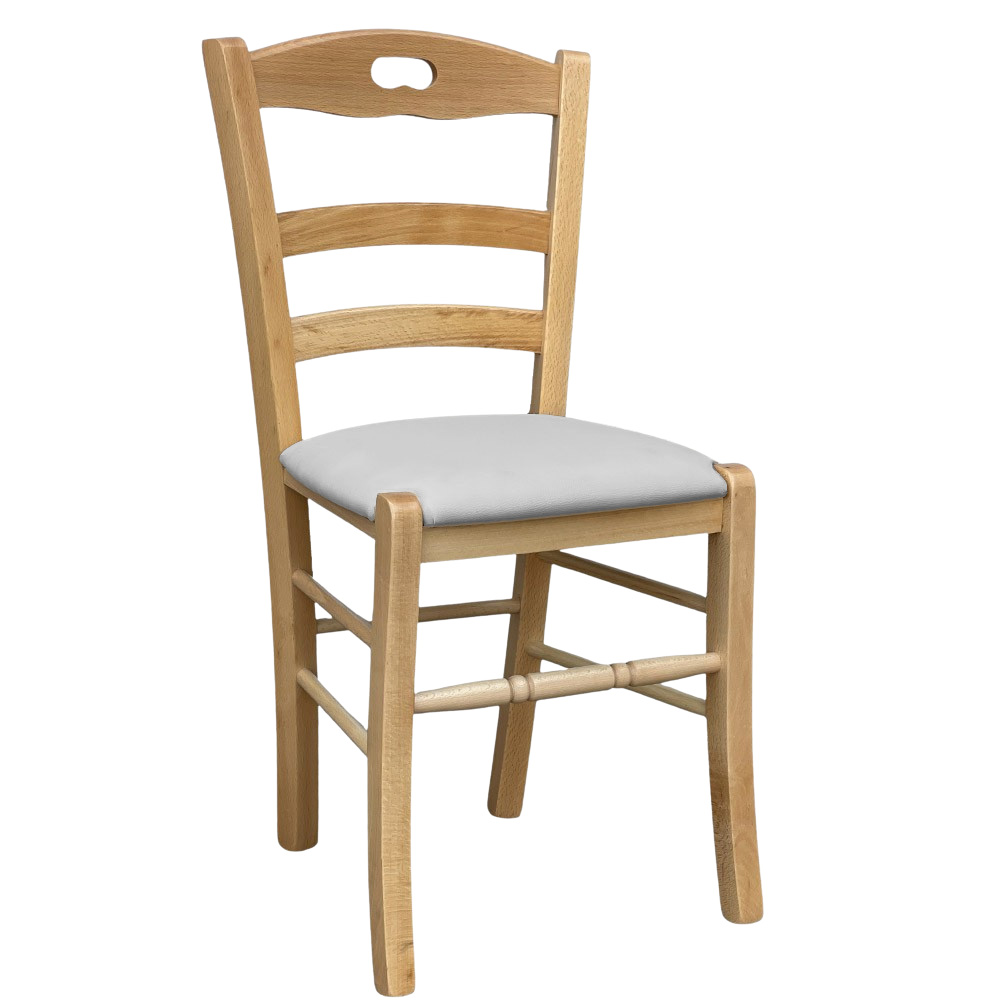 Sedia legno loris naturale con seduta imbottita ecopelle grigio chiaro.