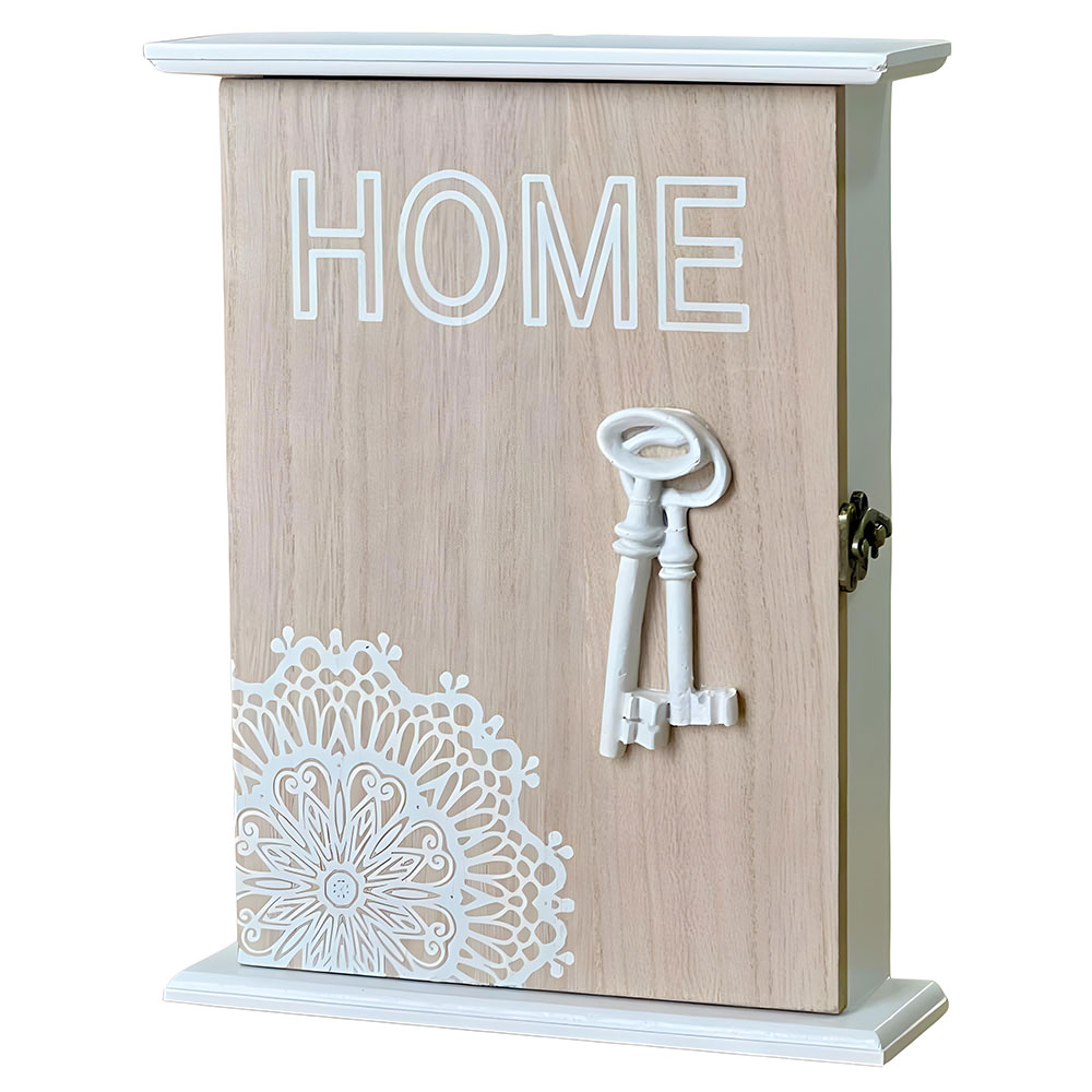 Portachiavi da parete in legno con finiruta color bianco con 5 ganci design home.
