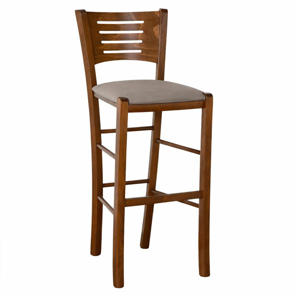 Sgabello verona in legno noce scuro h 73 con seduta imbottita grigio tortora.