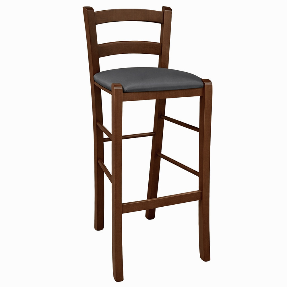 Sgabello in legno noce scuro h 67cm con seduta imbottita in similpelle antracite.