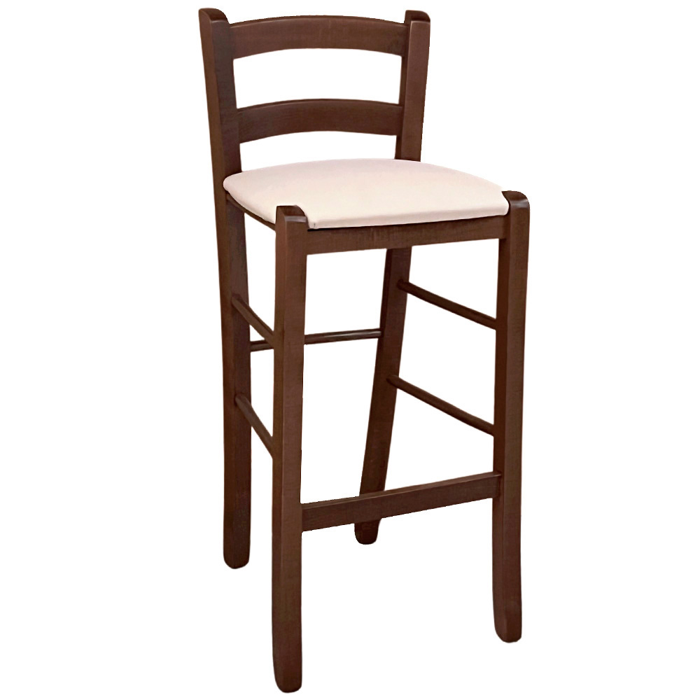 Sgabello in legno noce scuro h 67 cm con seduta imbottita in similpelle beige.