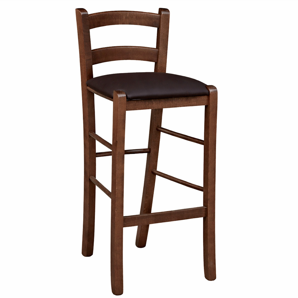 Sgabello in legno noce scuro h 67 cm con seduta imbottita in similpelle marrone.