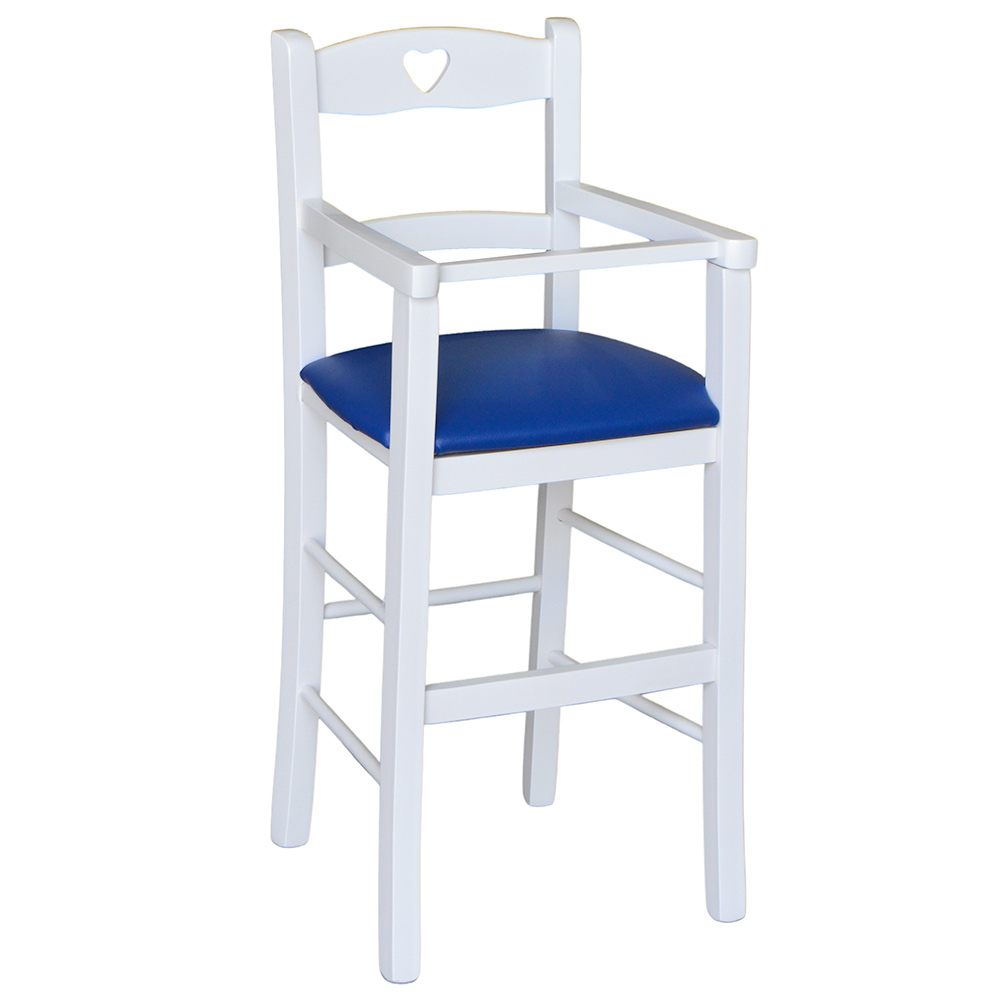Seggiolone in legno bianco con seduta imbottita in similpelle blu.