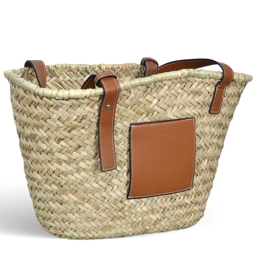Borsa mare erba spring paglia intrecciata con manici in cuoio 29x14x28 cm grande.