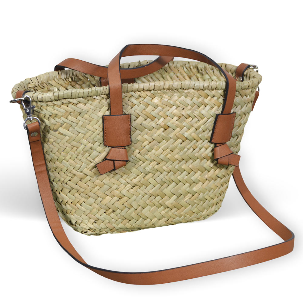 Borsa mare donna erba in paglia intrecciata con tracolla manici in cuoio marrone.