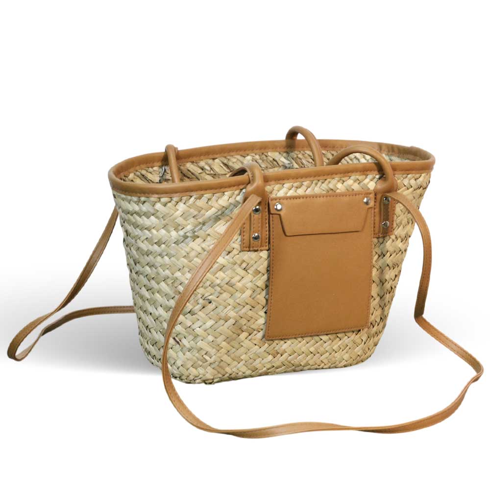 Borsa donna estiva erba summer paglia intrecciata con tracolla in cuoio marrone.
