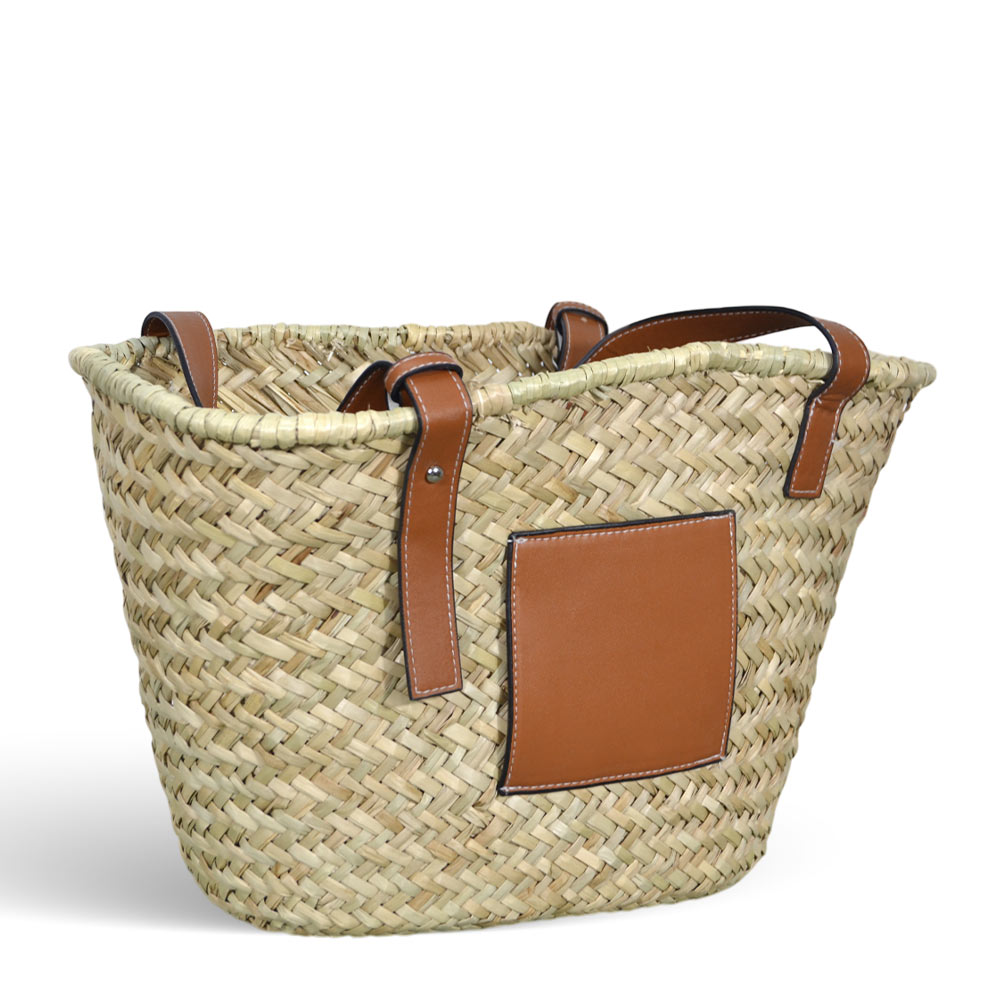 Borsa mare erba spring paglia intrecciata con manici in cuoio 25x14x23 cm media.