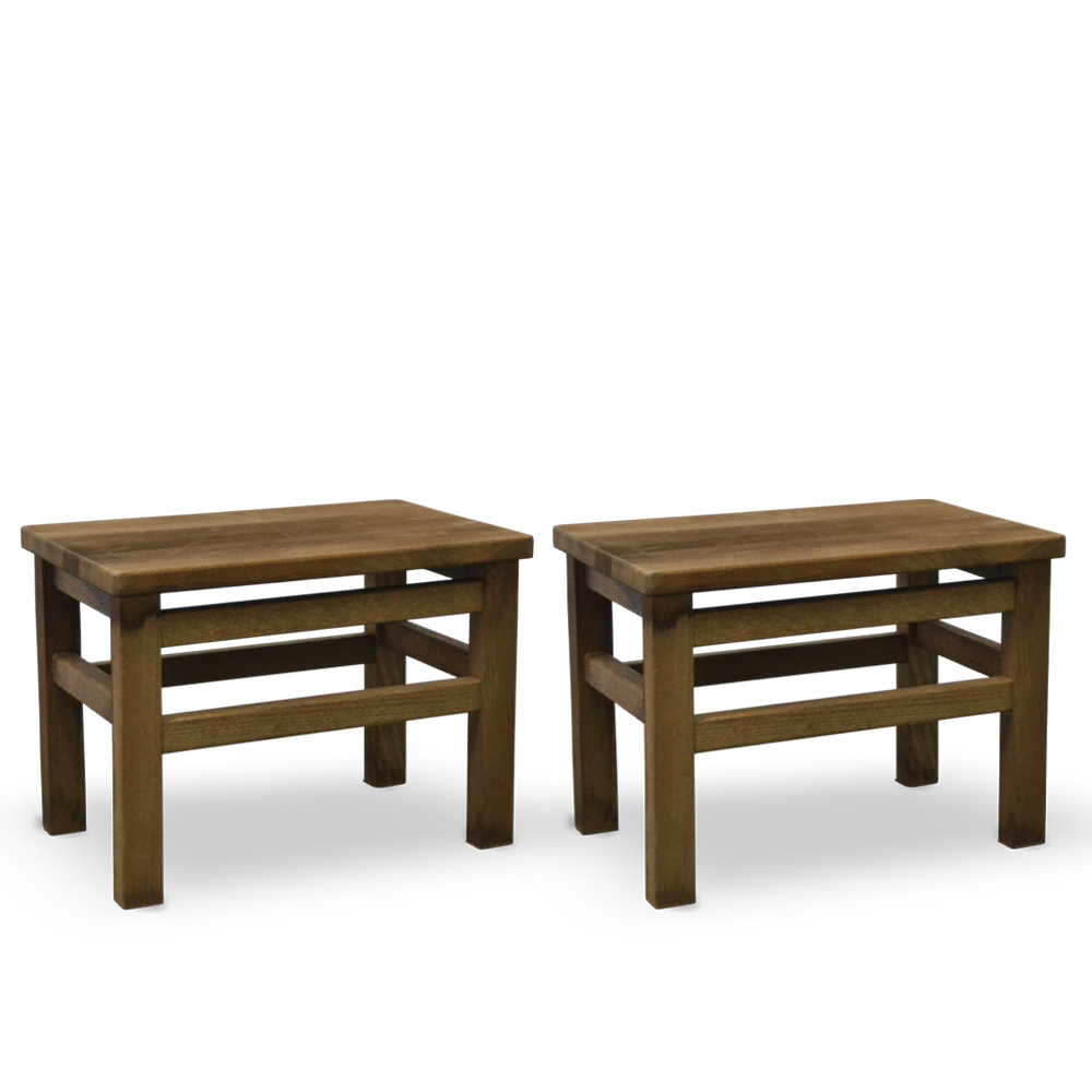 Set di 2 sgabelli bassi sgabellini panche poggiapiedi seduta in legno noce scuro.