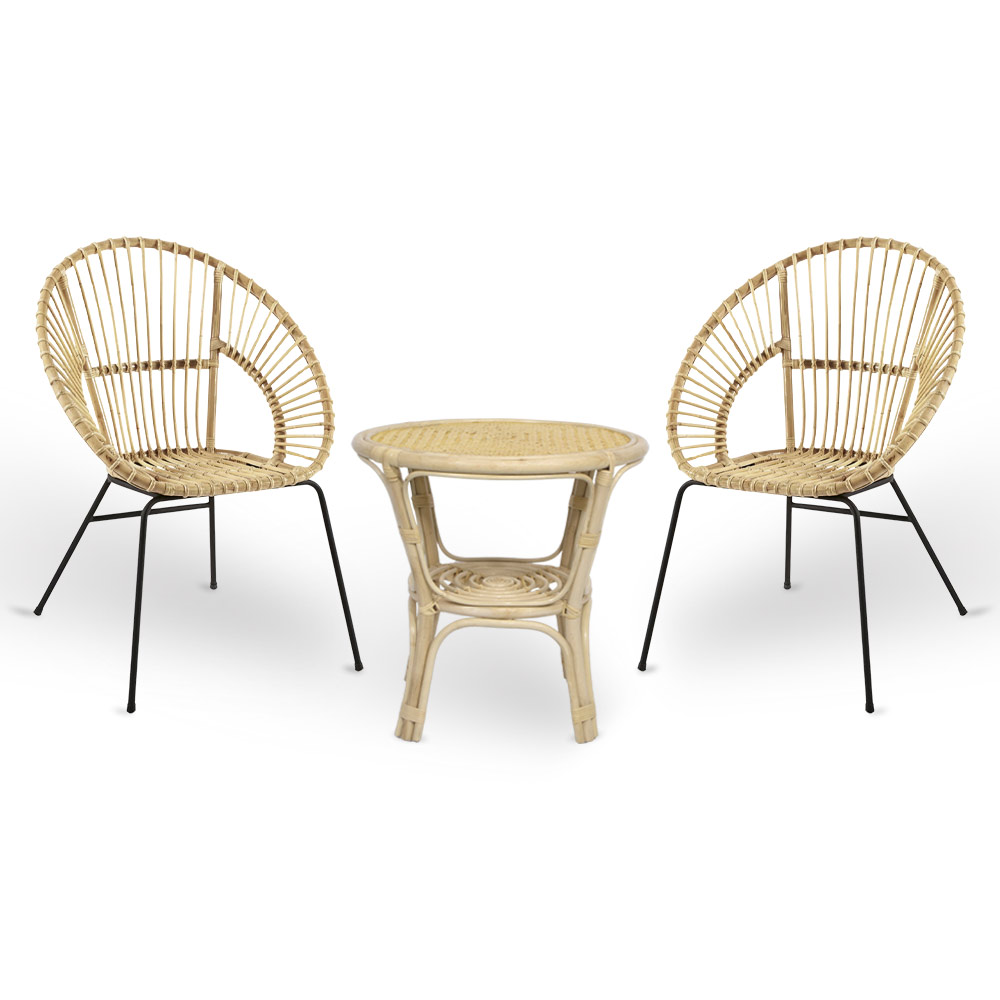Set di 2 sedie fera in legno di bambu con gambe in ferro e 1 tavolino in bambu .