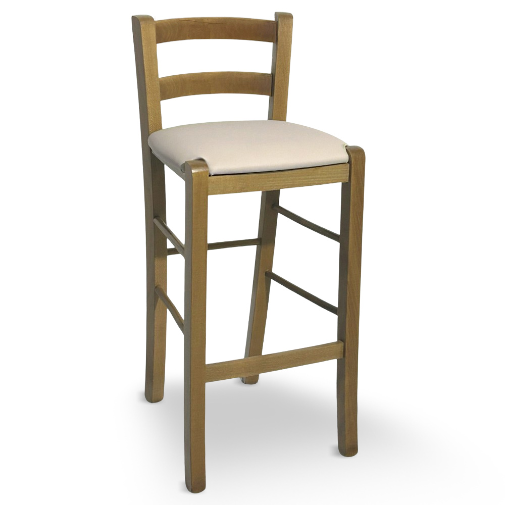 Sgabello in legno noce chiaro con schienale h 66 cm con seduta similpelle beige.