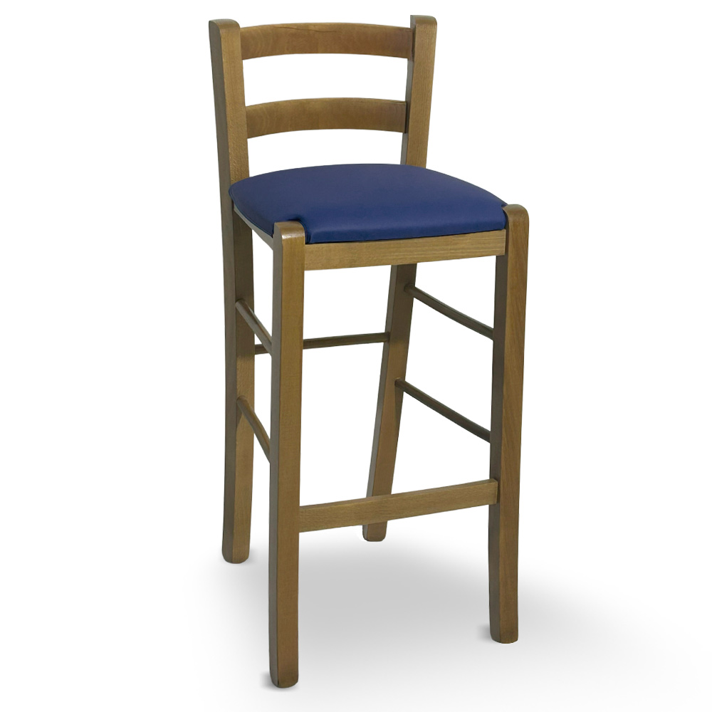 Sgabello in legno noce chiaro con schienale h 66 cm con seduta in similpelle blu.