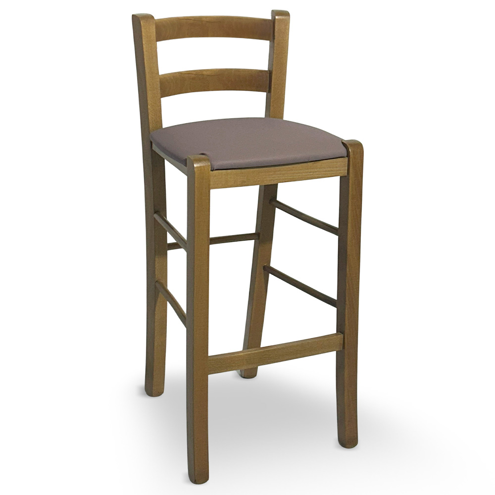 Sgabello in legno noce chiaro con schienale h 66cm con seduta similpelle tortora.