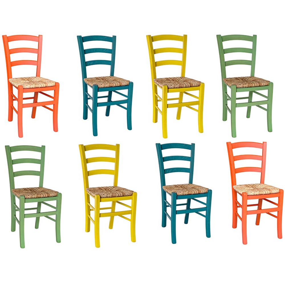 Set di 8 sedie in legno venezia 2 arancio 2 turchese 2 giallo 2 verde .