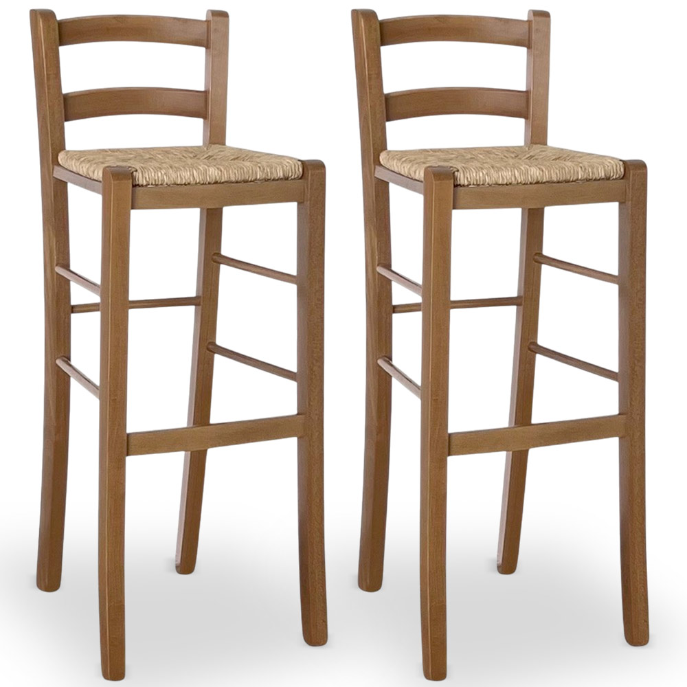 Set 2 sgabelli bar alti 80 cm legno noce chiaro con schienale e seduta in paglia.