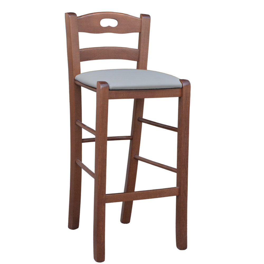 Sgabello legno noce scuro presa nello schienale h67 seduta similpelle tortora.